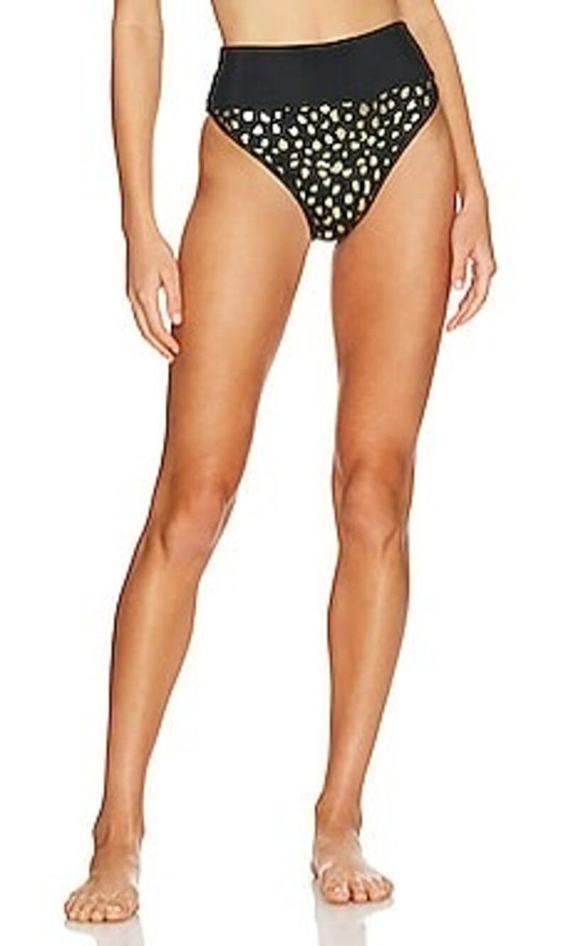 Beach Riot High Rise Cheeky Emmy Ribbed Bikini Bottoms in Black Gold Spot XS